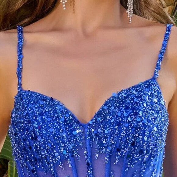 New Sequins Embellished Maxi Prom Satin Dress w/ Lace Up Back & Leg Slit GL3702 - Picture 5 of 13